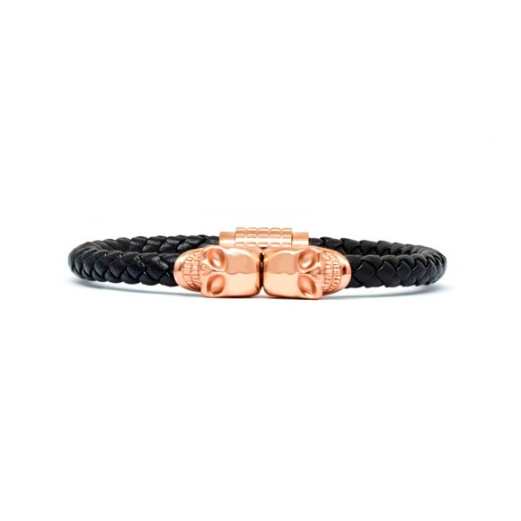 Black Leather Bracelet with Two Rose Gold Skulls and Magnetic Clasp - Picture 4 of 4